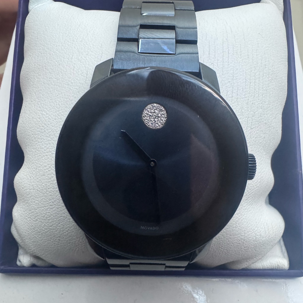 Movado Black Stainless Steel Minimalist Watch With Silver Dot